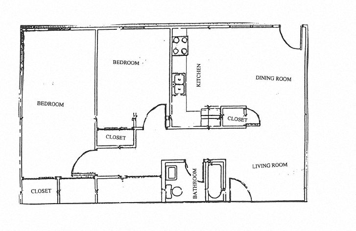 Floor plan for 2 beds, 1 bath, 868 sqft